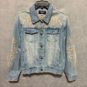Johnny Was Jacket Womens XS Blue Embroidered Iva Denim Jacket Long Sleeve